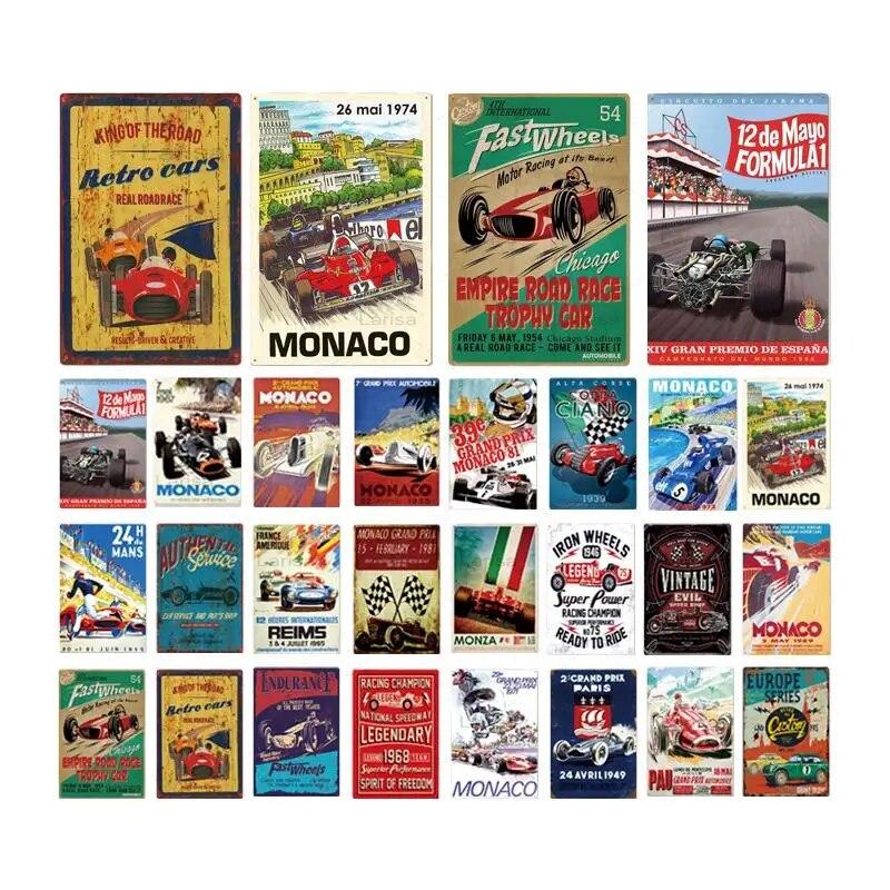 

Металлический знак, винтажная табличка, гоночный автомобиль, жестяная вывеска, настенный декор для бара, паба, металлические поделки, Ретро Монако, плакат, декоративная живопись по металлу
