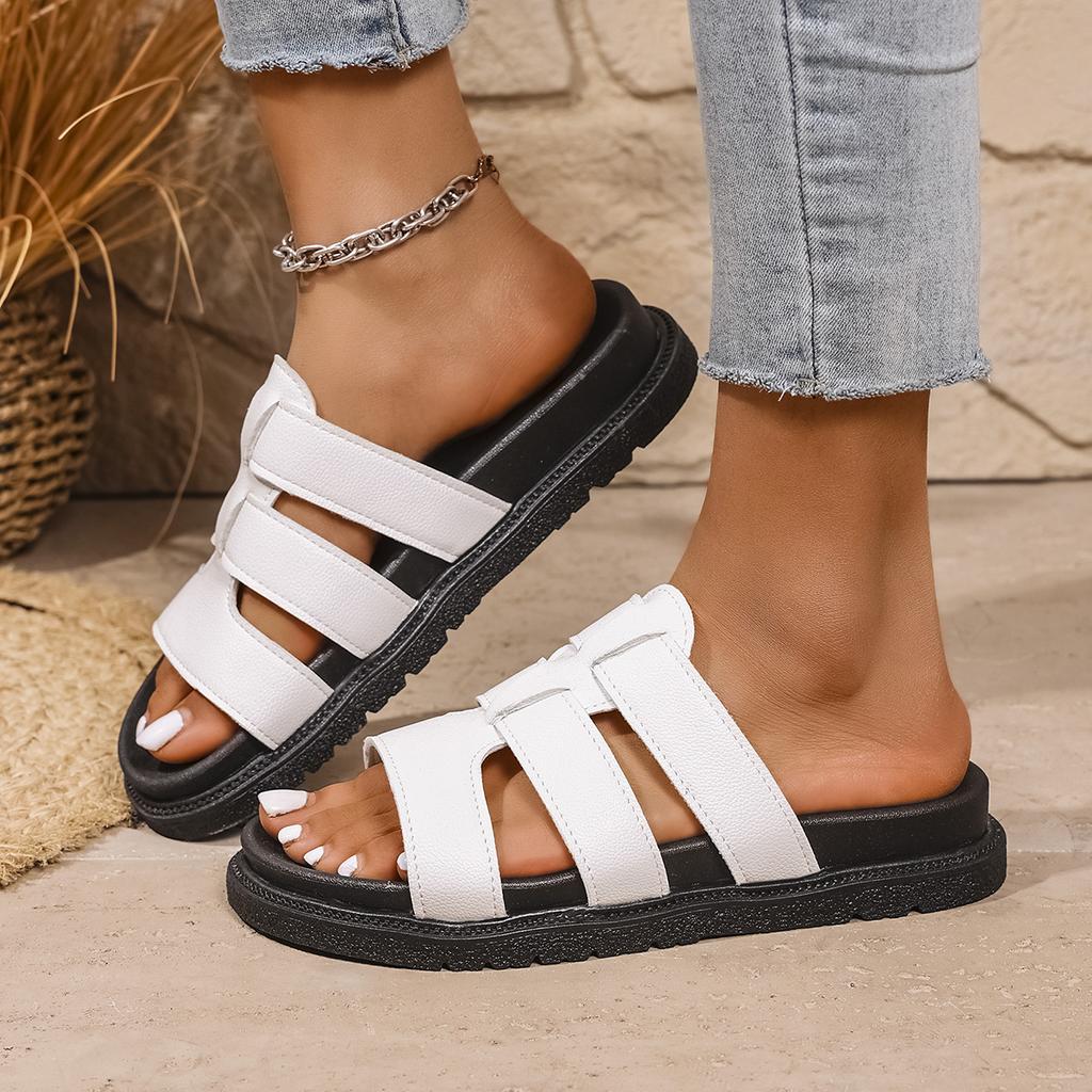 Mote Dameslippers Britisk Stil Roma Sko Damer Spenne Komfortable Myke Sommer Flate Plattformsandaler Metall Fritidsslippers Slides Damer