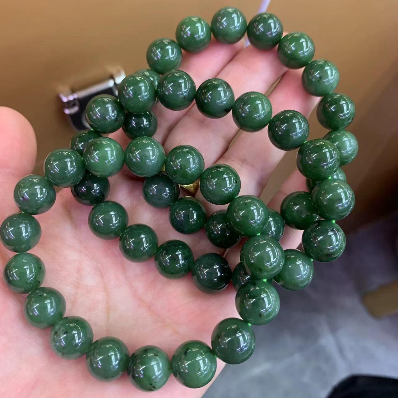 12mm Spinach Green Hotan Jade Bracelet with Black Spots