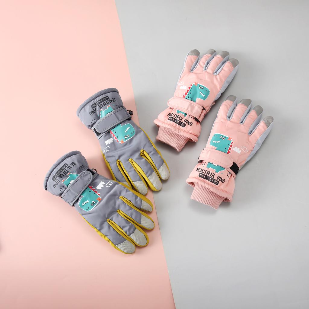 Mănuși de schi de iarnă pentru copii pentru căldură, catifea îngroșată, mănuși cu dinozaur mic, sporturi în aer liber, desen animat, degete, mănuși impermeabile