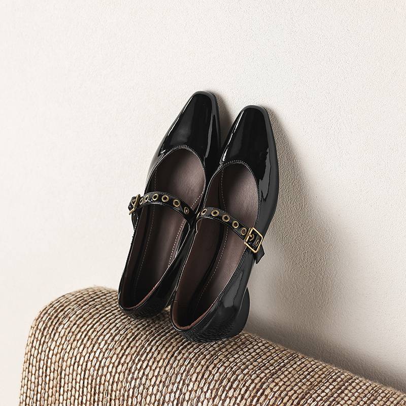 Krazing Pot Genuine Leather Square Toe Low Heels Summer Shoes Big Size 42 Buckle Straps Women Shallow Pumps