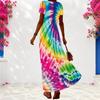 Women Plus Size V Neck Short Sleeve Rainbow Tie Dye Printed Long Dress