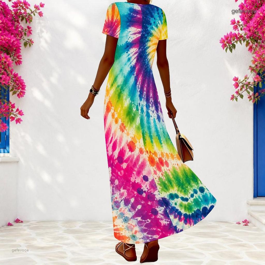Women Plus Size V Neck Short Sleeve Rainbow Tie Dye Printed Long Dress