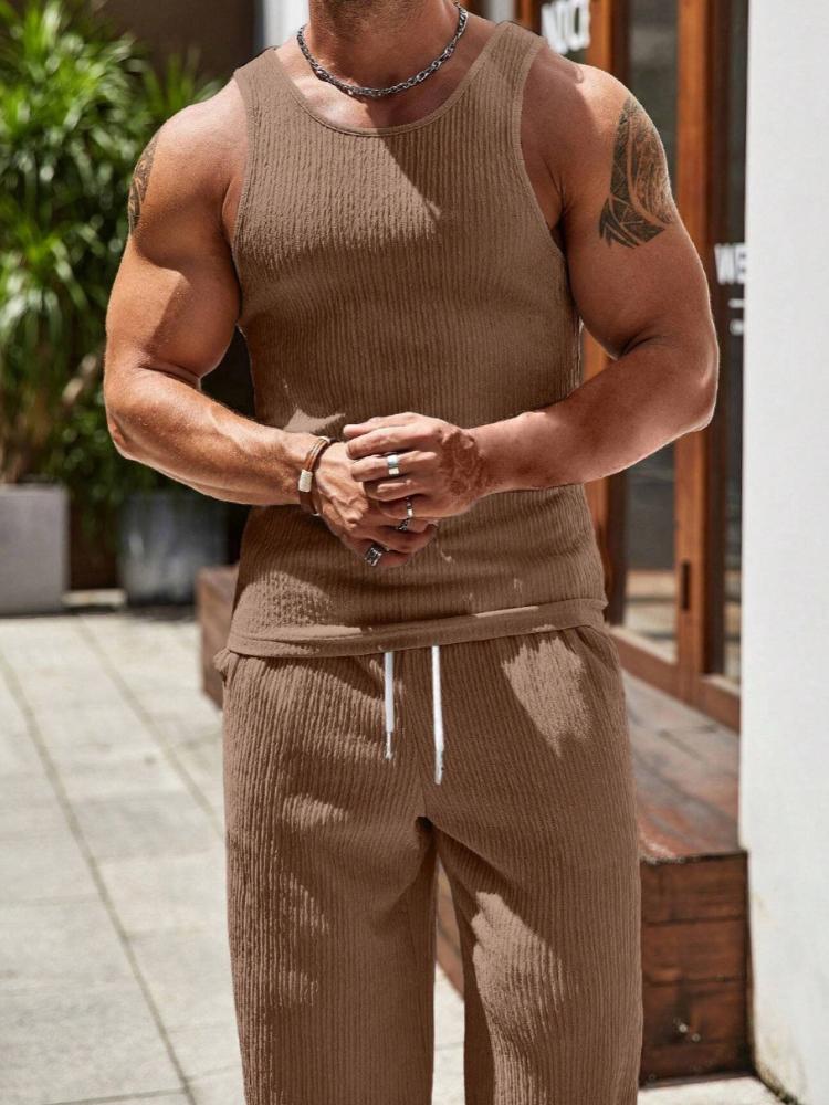 

Мужской летний облегающий спортивный однотонный текстурный фитнес-жилет и длинные брюки, повседневный эластичный комплект 3XL коричневый