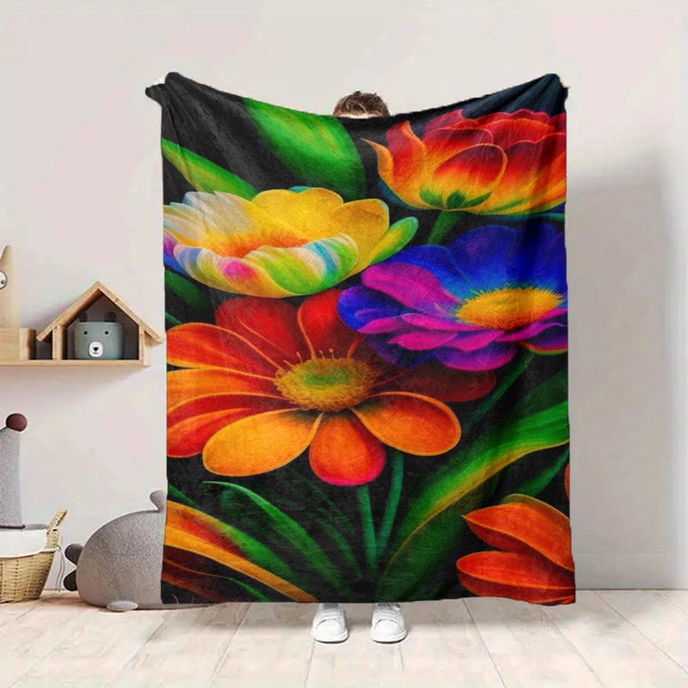 1pc Colorful Flowers Blanket Lightweight Flannel Blanket Throw Blanket For Sofa, Bed, Travel, Camping, Livingroom, Couch, Chair, And Bed Yy2509026214