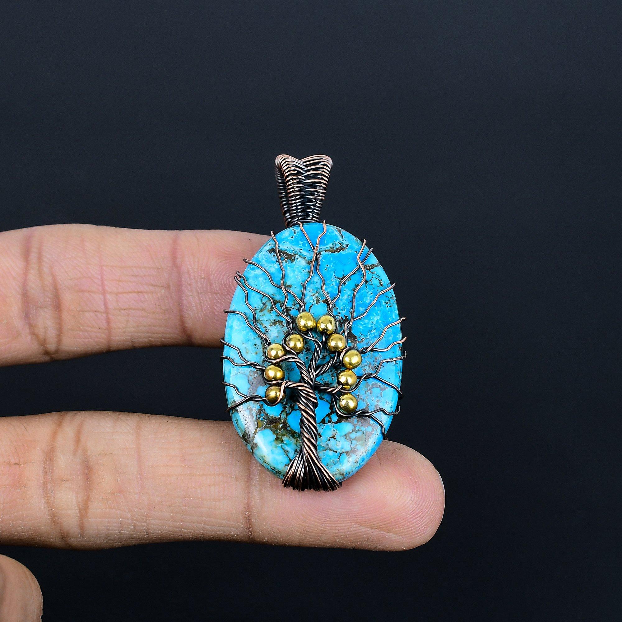 

Tree Of Life Blue Turquoise Handmade Gemstone Pendant, 999 Copper Wire Wrapped Antique Jewelry Pendant, For Engagement Gift 2.08 Inches