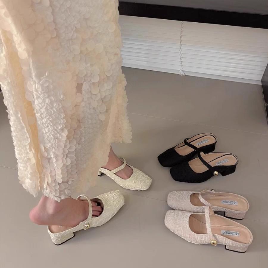 French Xiaoxiangfeng thick heel bag head half slippers women's summer wear 2025 new with skirt high heel muller shoes single shoes