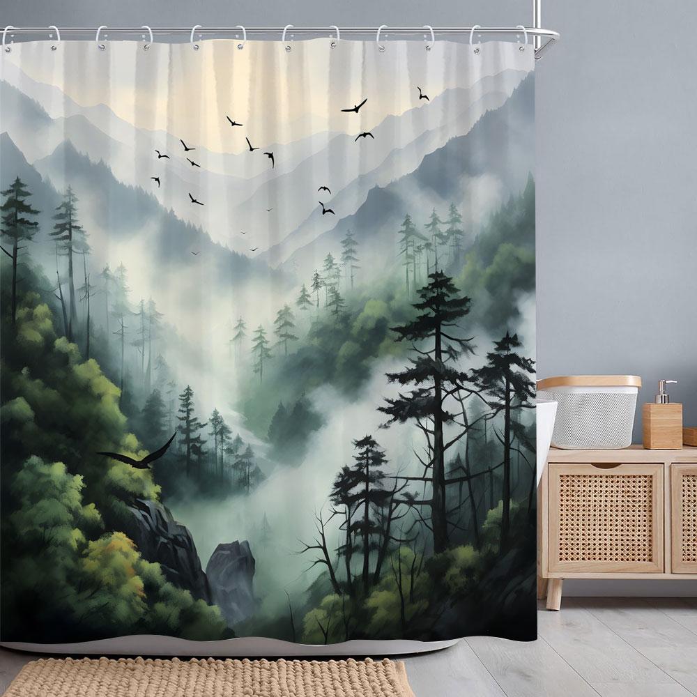 Misty Forest Watercolour Shower Curtain Geese Faraway Mountain Nature Landscape Fabric Shower Curtains Bathroom Decor with Hooks