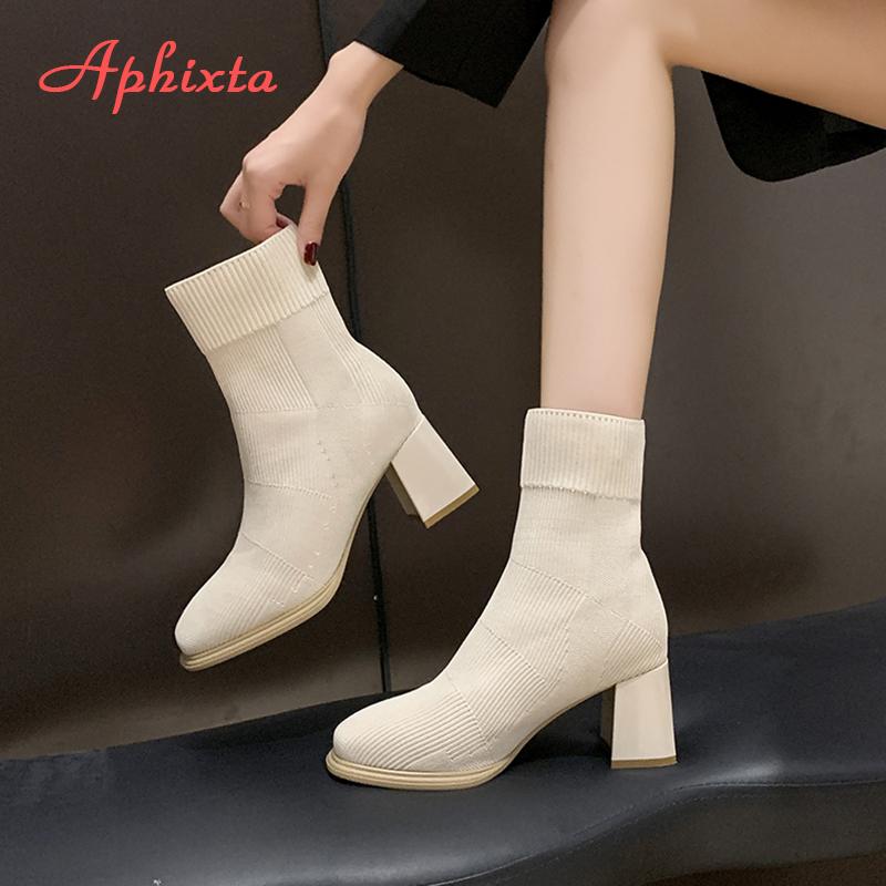 Fashion Aphixta Solid Color Sexy Women Ankle Boot 7cm High Heels Modern Sock Boots Shoes Woman Boats botines para mujeres Big Size 42