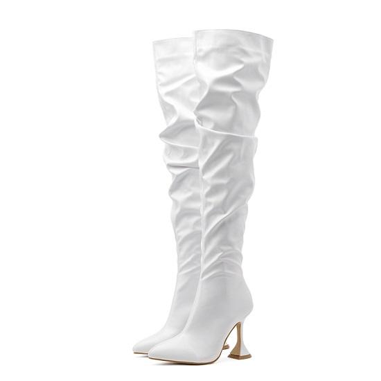 Eilyken Design Pleated Leather Over The Knee Boots Fashion Runway Strange High Heels Sexy Pointed Toe Zip Womans Shoes