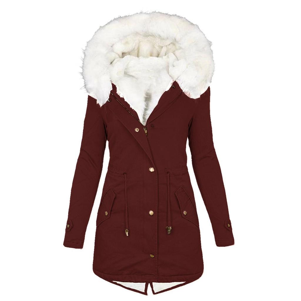 Plus Size Women's Hooded Parka, Faux Fur Collar Belted Waist Cotton Coat with Thermal Insulation, Mid-Length Slimming Warm Jacket for Cold Weather
