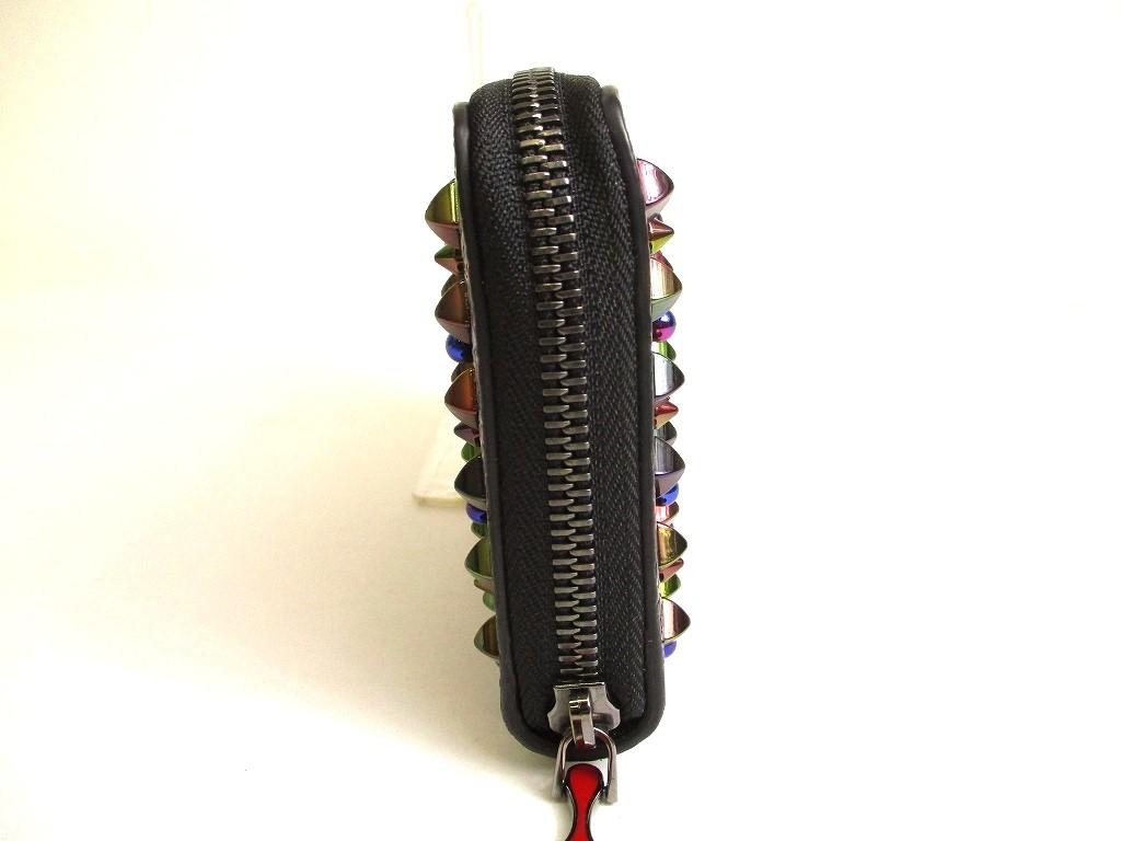 Authentic Christian Louboutin Panettone Black Leather Multicolor Spikes Round Zip Wallet #9746  Refurbished