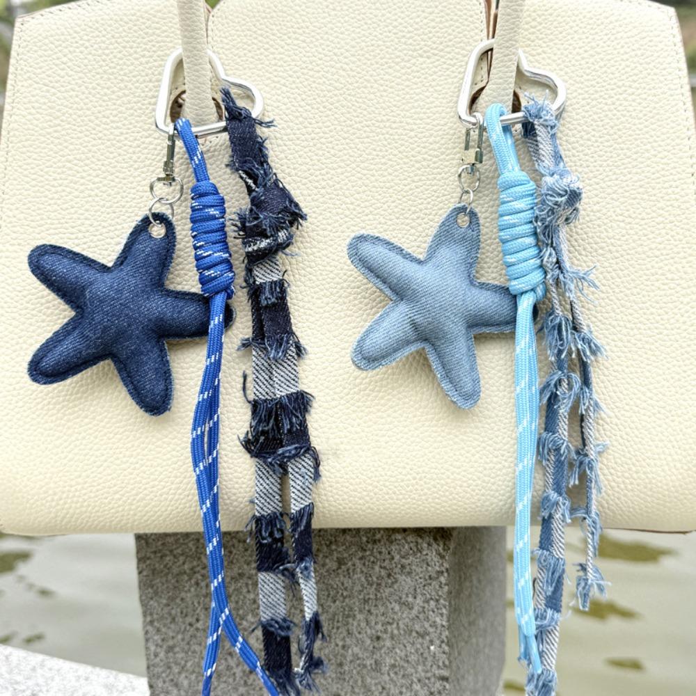 Distressed Frayed Denim Keychain Pearl Tassel Keychain Pendant New Bag Charm  for Women Ladies Bag