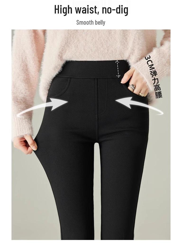 Women's High-Waist Black Wool-Lined Leggings - Warm, Thick, Velvet, Autumn/Winter 2025