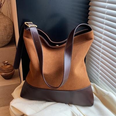 Suede Retro Style Bag Fashionable Commuter Bucket Bag Premium Texture Shoulder Tote Bag