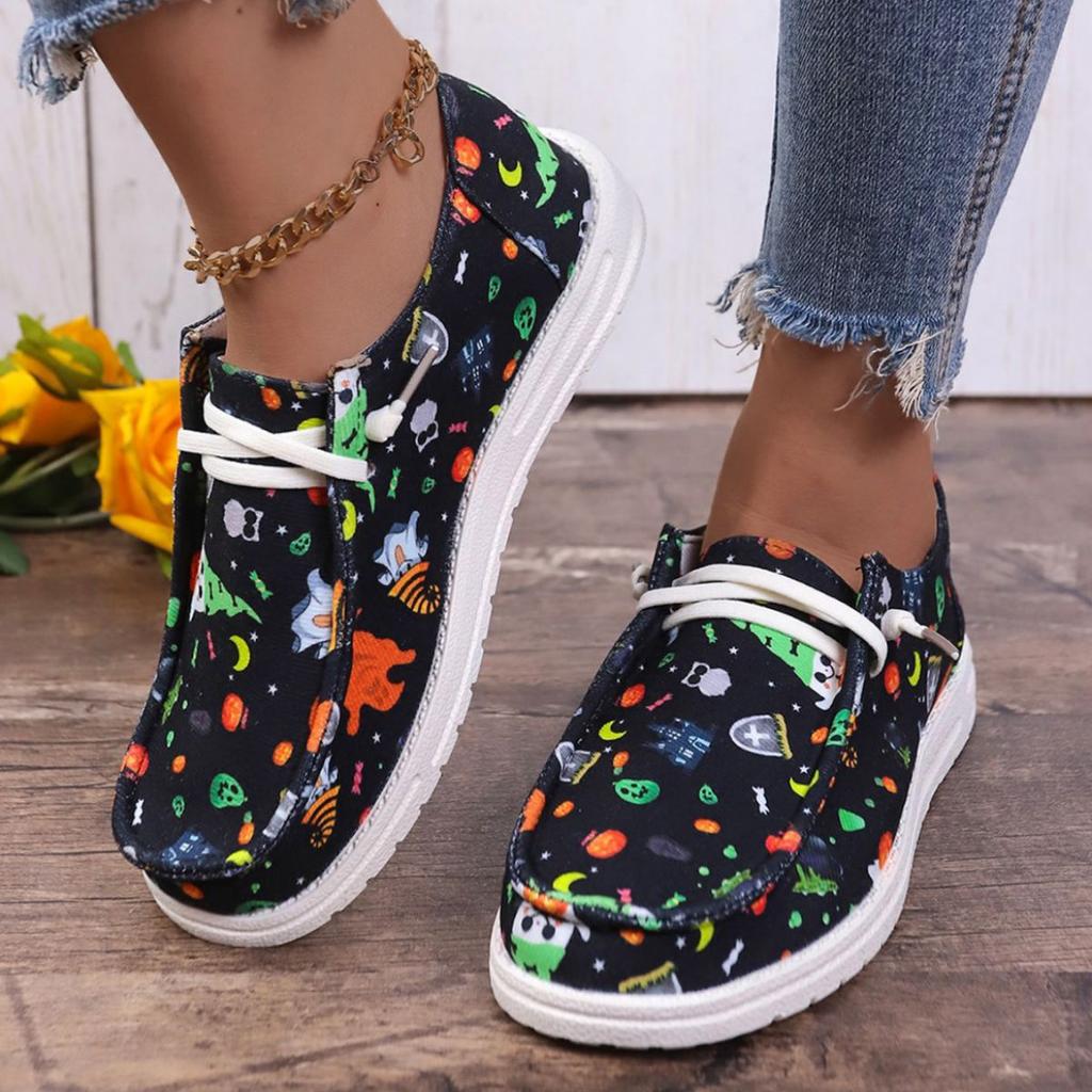 Women's Fashion Halloween Pumpkin Print Canvas Low Top Sneakers Platform Slip On Flats Loafers Shoes for Women Casual Walking Canvas Sneakers Shoes