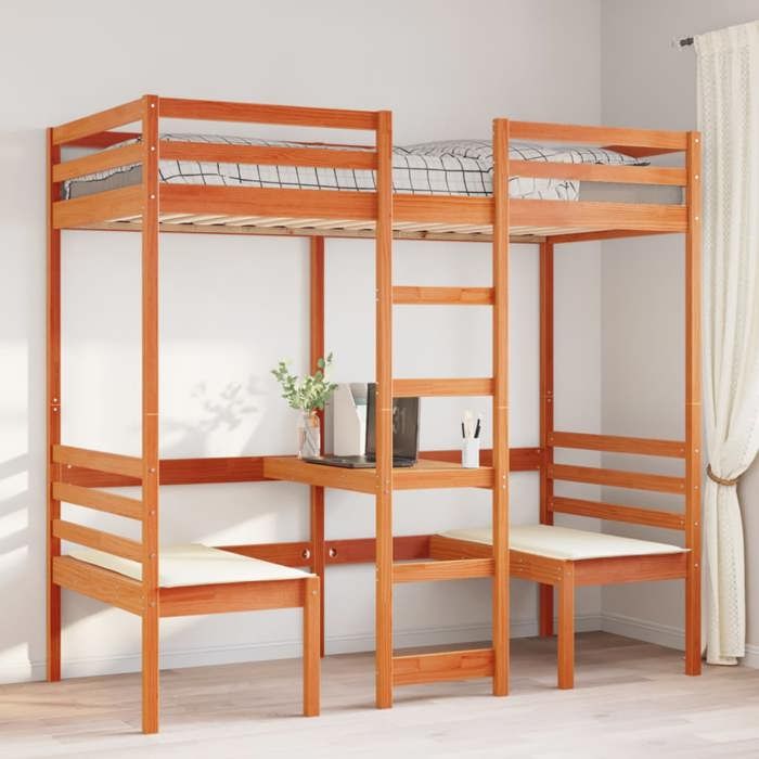 VidaXL Lit mezzanine avec bureau et chaises brun cire 90x200 cm pin, cadre de lit mezzanine, cadre de lit de cabine, cadre 3308555