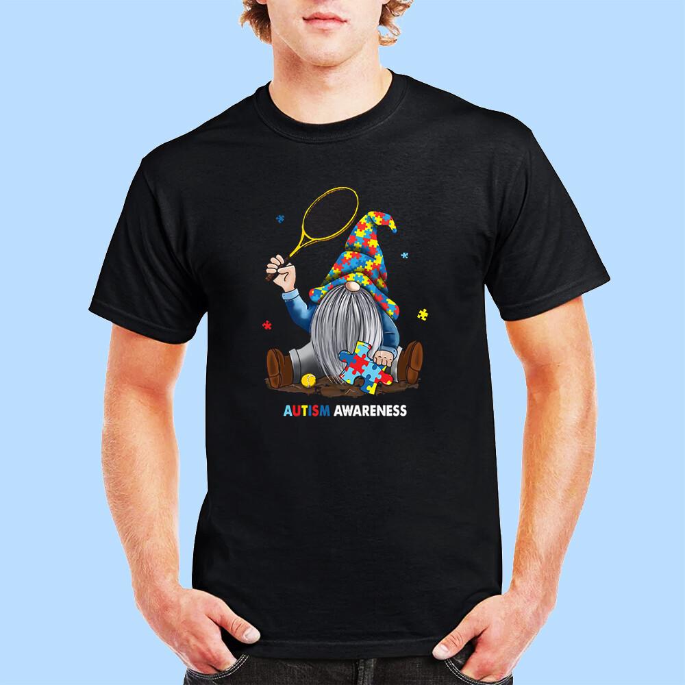 Best Autism Awareness Tennis Gnome Puzzle Ribbon Black T-Shirt L