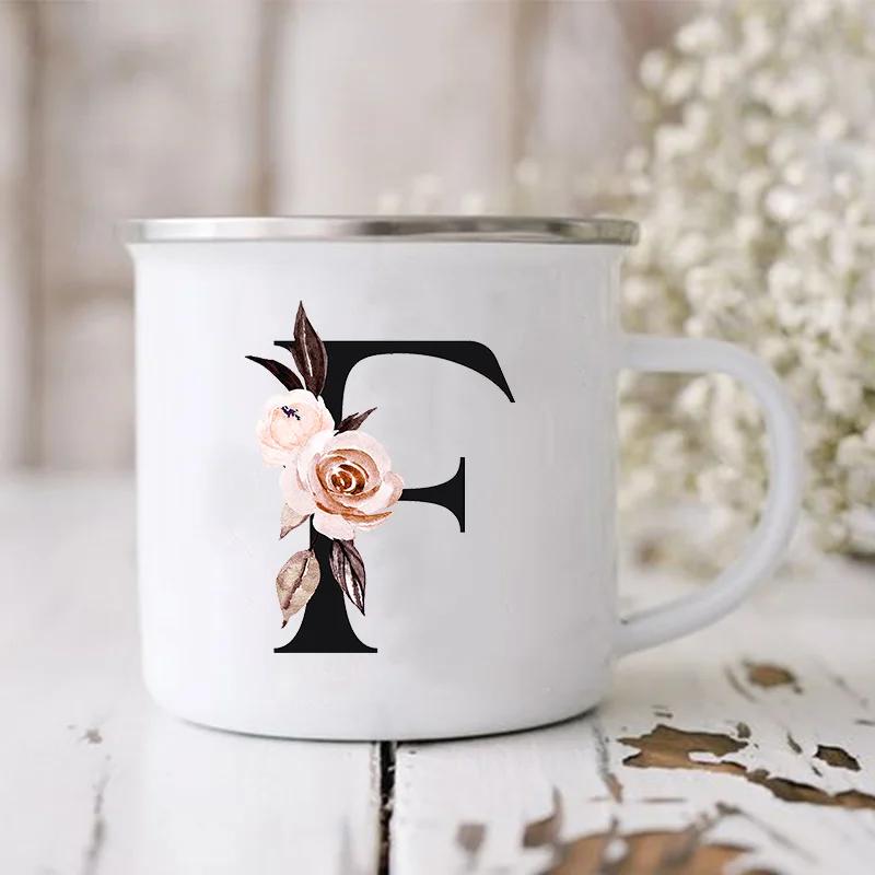 Initial Letter Print Mugs Enamel Creative Coffee Cups Drinks Wine Juice Milk Cup Vintage Home Office Handle Drinkware Best Gifts