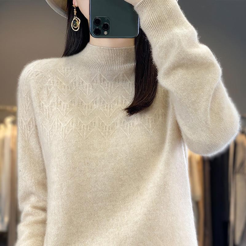 New Autumn and Winter Half-high Neck Hollow Cardigan for Women's First-line Ready-to-wear Skin-friendly and Warm Wool Knitted Base Sweater