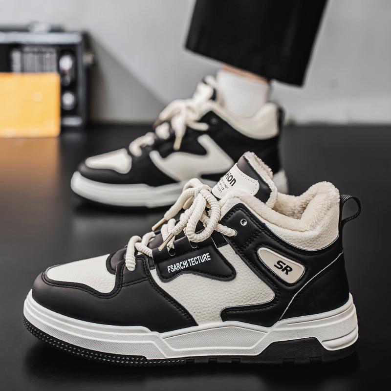 Men's Warm Plush Sneakers High Top Leather Casual Shoes Men's Skateboarding Windproof Casual Sports Shoes Thick Flat Shoes