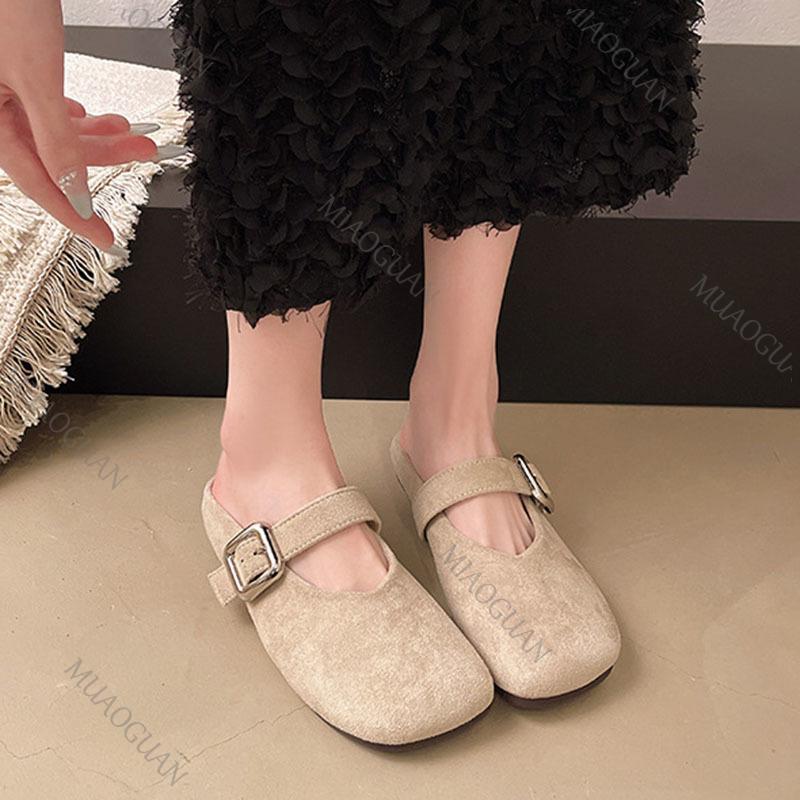 Fashion Spring Retro Single Shoes Comfortable Flat Bottom Ladies Sandals Square Toe Ballerina Style Slippers Casual Solid Mules Slides