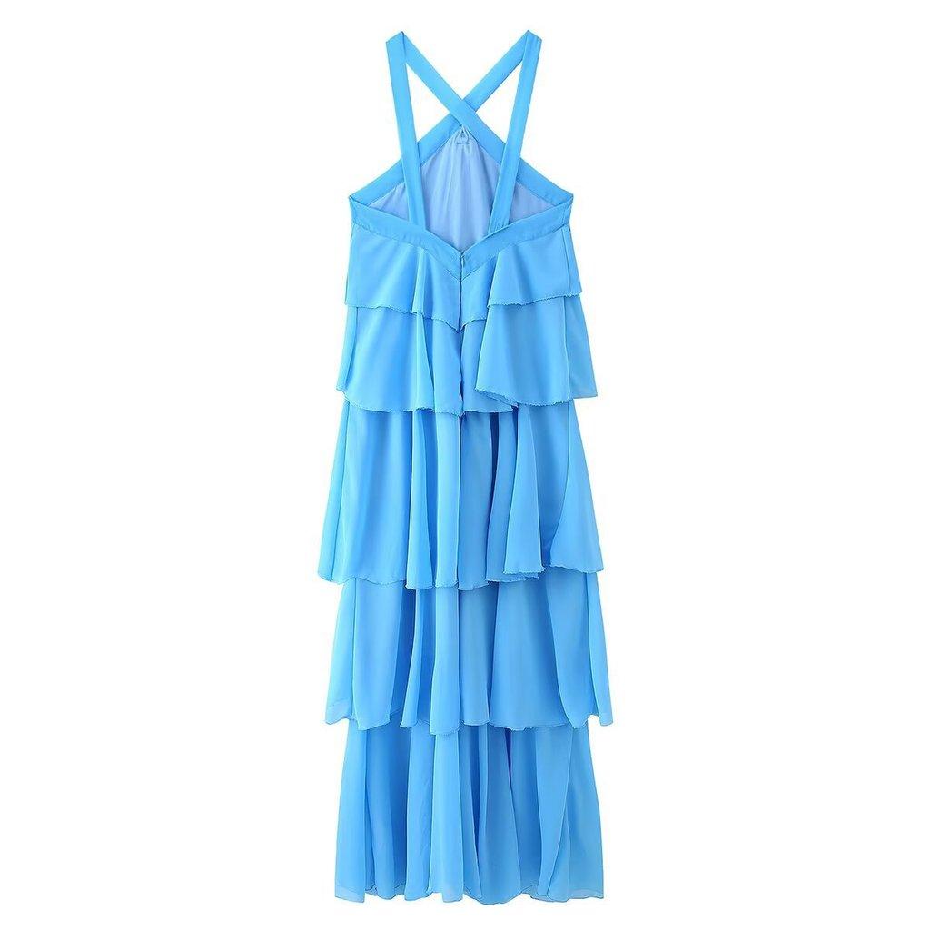 Polyester Floral Embellished Layered Chiffon Dress With Sleeveless Halter Neck For Spring