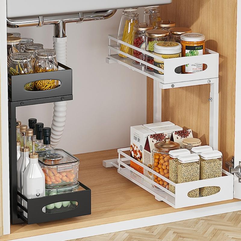 Metallic Beneath Cabinet Pull Out Holder 2 Level Adaptable Shelf For Kitchen Sink Storage Practical Solution
