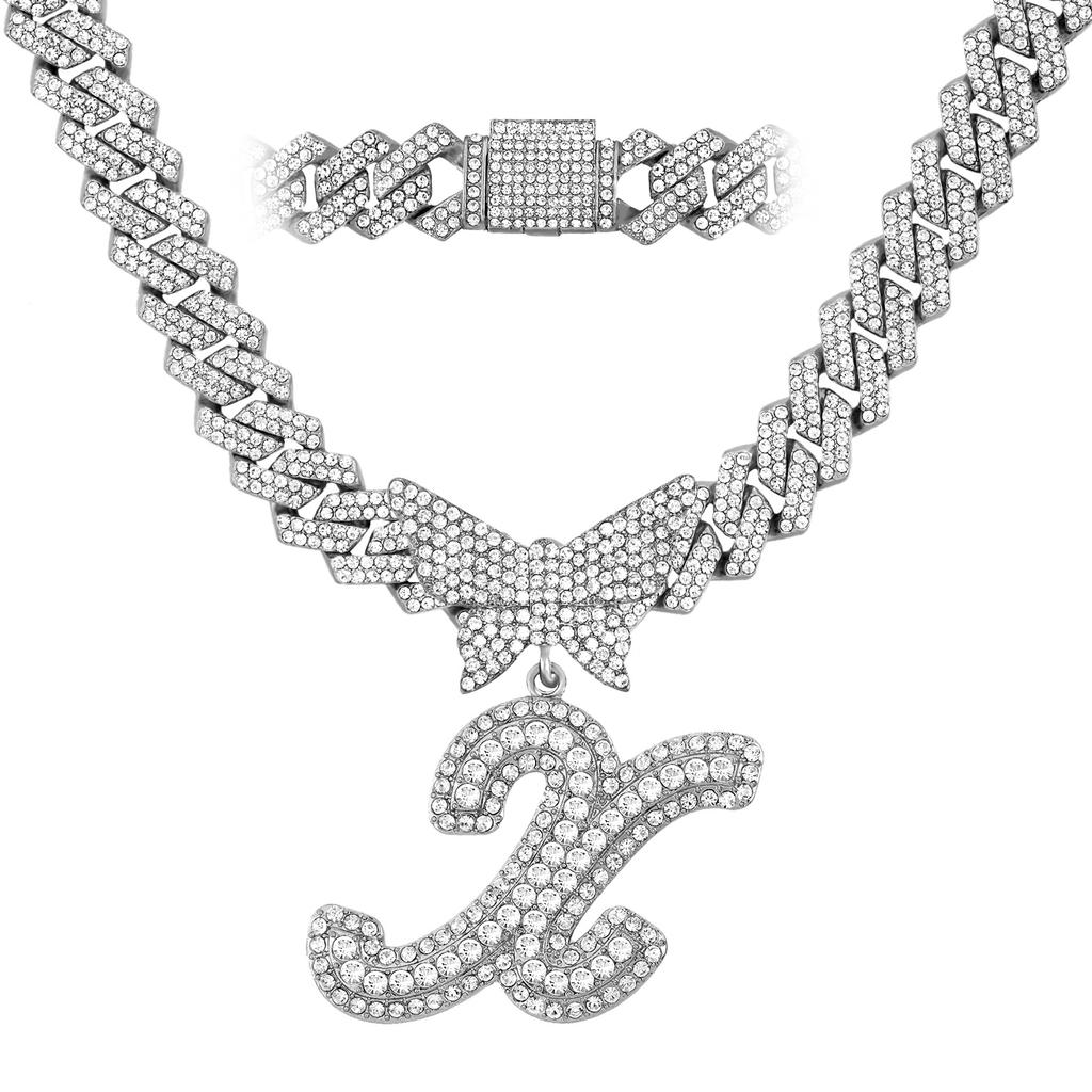 Men Women 14MM Cuban Chain Crystal Butterfly Initials Name Pendant Necklace Iced Out Cursive Letters Rapper Necklace Jewelry New