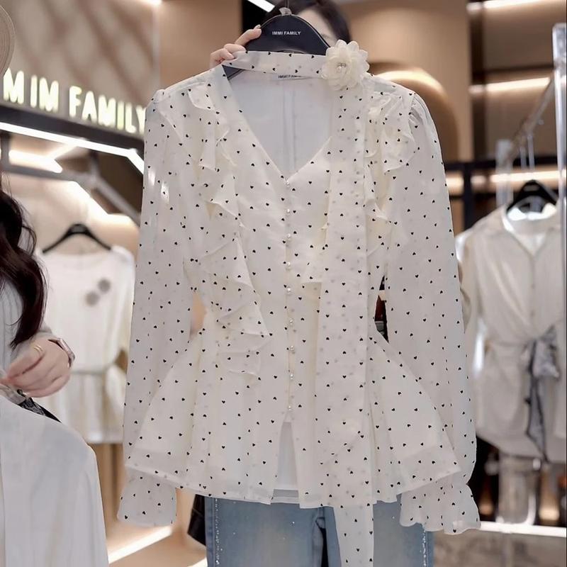 La Chapelle French Style Polka Dot Tie-Neck Blouse
