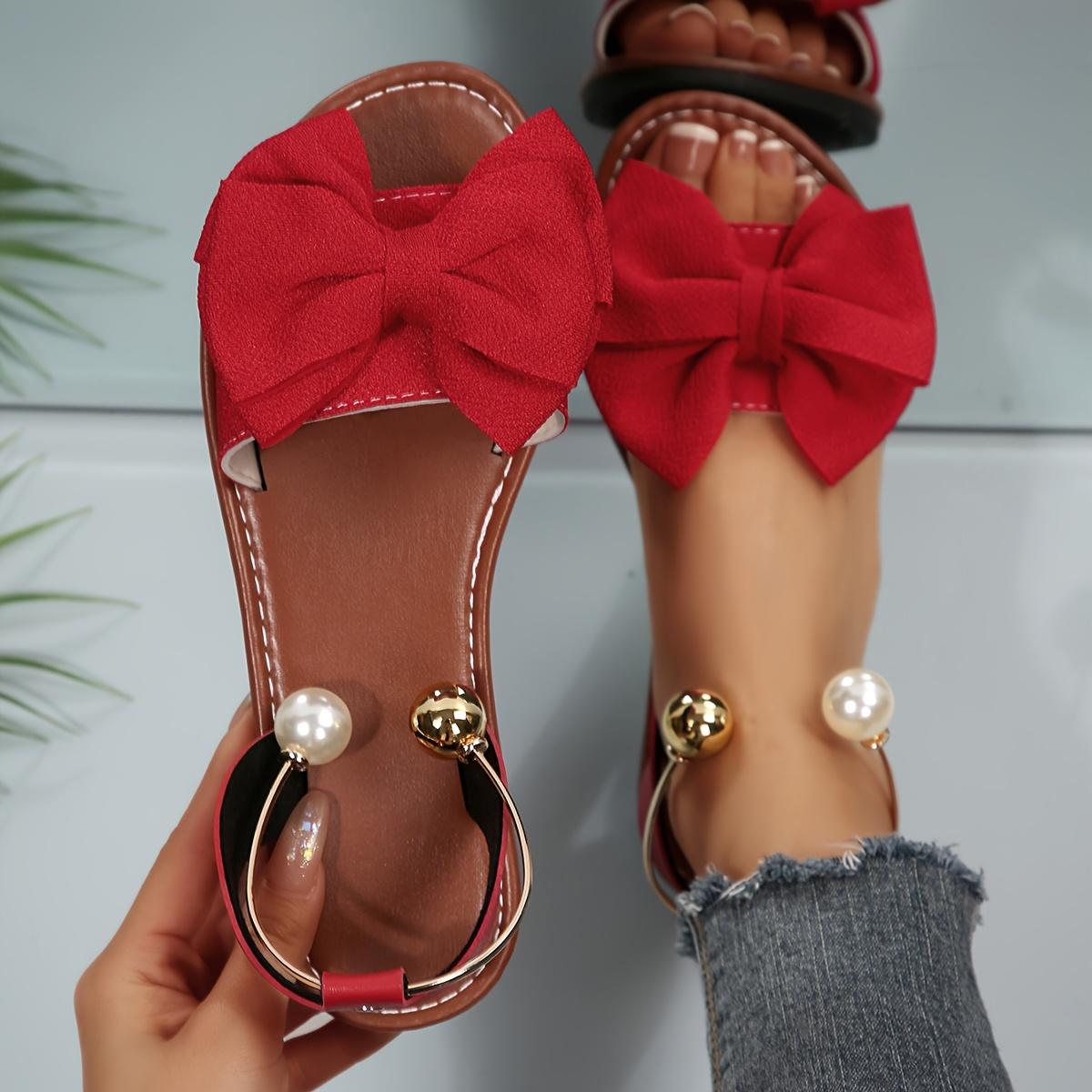 

Женские удобные и простые открытые сандалии на плоской подошве с круглым носком, украшенные бантом и металлическими бусинами, идеально подходят для повседневных летних прогулок на пляже. 36 красный