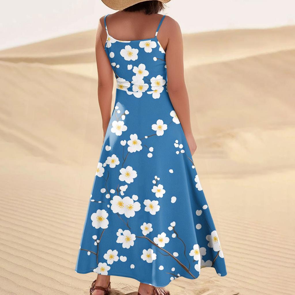 Damenmode Lässig Ärmellos Tasche Langes Strandkleid mit Blumendruck