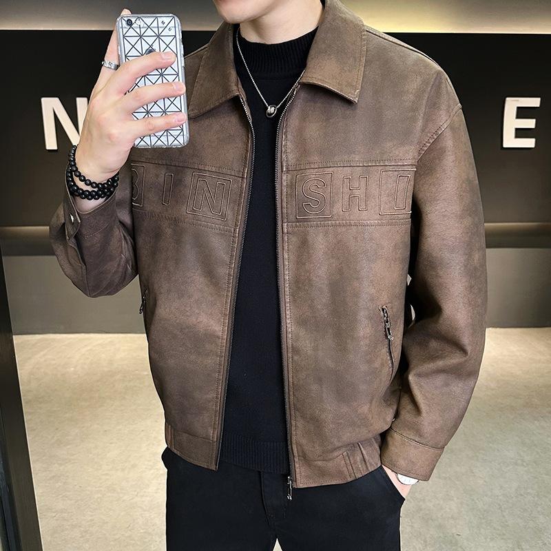 New simple men's leather jacket American retro pu tooling locomotive old money wind tough loose trendy leather jacket