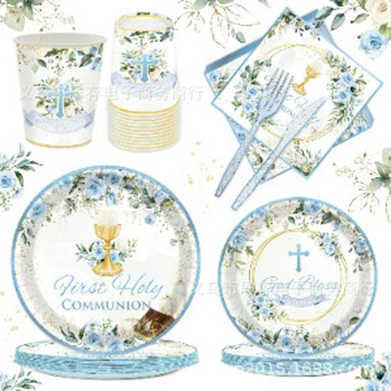 Cross-Border Hot-Selling Baptism Theme Disposable Tableware Set: Plates, Knives, Forks, Spoons, Napkins