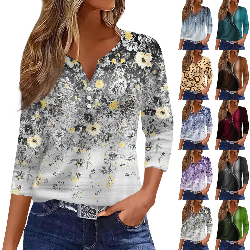 Ladies Casual Fashion V-neck Loose Versatile Floral Print Three-quarter Sleeve Top