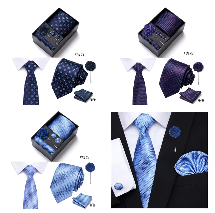 [MaRowsm] Men's Formal Tie, Handkerchief, Cufflinks, Tie Pin, Handkerchief Set (Purple Gloss)