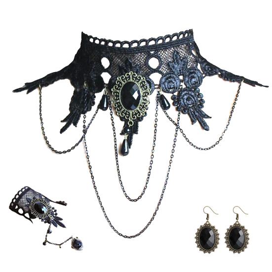 Lace Flower Faux Gem Necklace Bracelet Earrings Wide Gothic Punk Style Choker Necklace Bracelet Jewelry Accessory