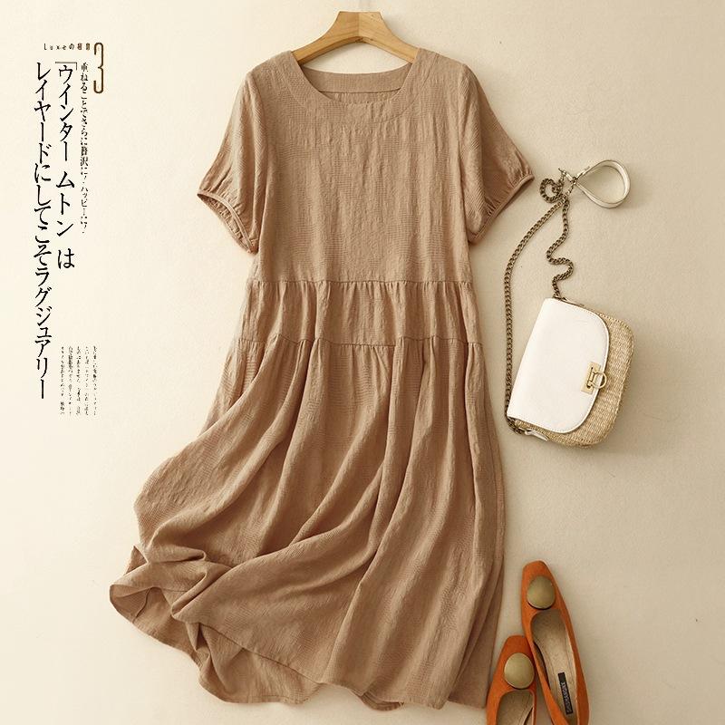 

Однотонное платье из хлопка и льна с круглым вырезом и короткими рукавами, женское, лето 2025, новая тонкая юбка, жаккардовое, свободного кроя, большого размера, средней длины 2XL