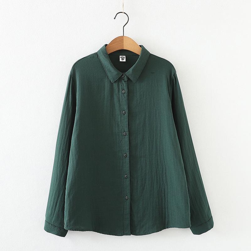 

Двухслойная хлопковая пряжа, однотонная, приятная для кожи рубашка с длинными рукавами, универсальная, художественная, женская базовая рубашка XXL темно-зеленого