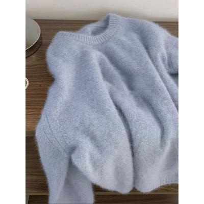 Premium Soft Waxy Raccoon Fleece Crew Neck Sweater Women's Winter Thickened Lazy Wind with Knitted Sweater Top