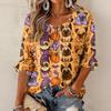 Women's Halloween Print Round Neck Tie Front Ruffle Three-Quarter Sleeve Blouse for Festive Party Wear