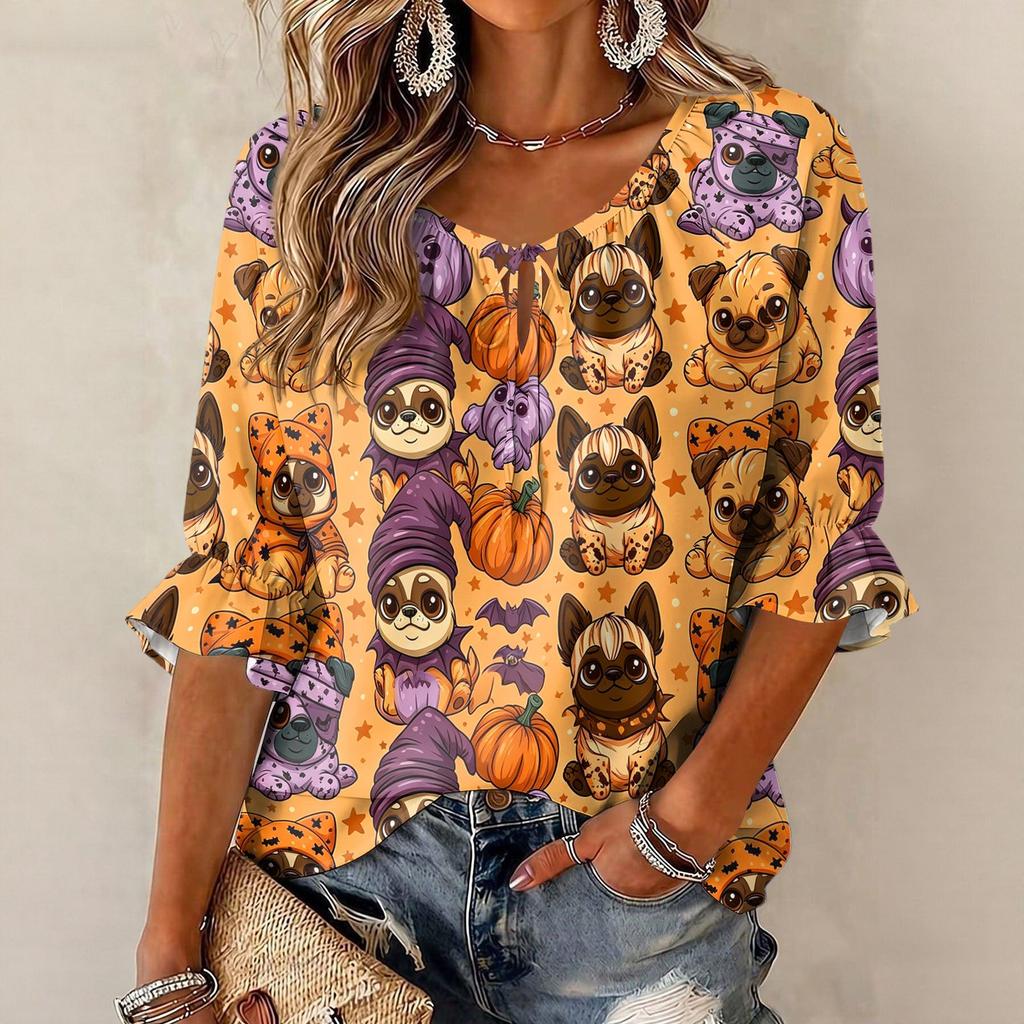 Women's Halloween Print Round Neck Tie Front Ruffle Three-Quarter Sleeve Blouse for Festive Party Wear