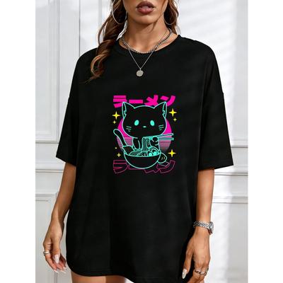 Niedliches Katze Ramen T-Shirt Weiß Kawaii Katze isst Nudeln mit japanischem Text und Sterne-Design für Freizeitkleidung und Alltagsoutfits