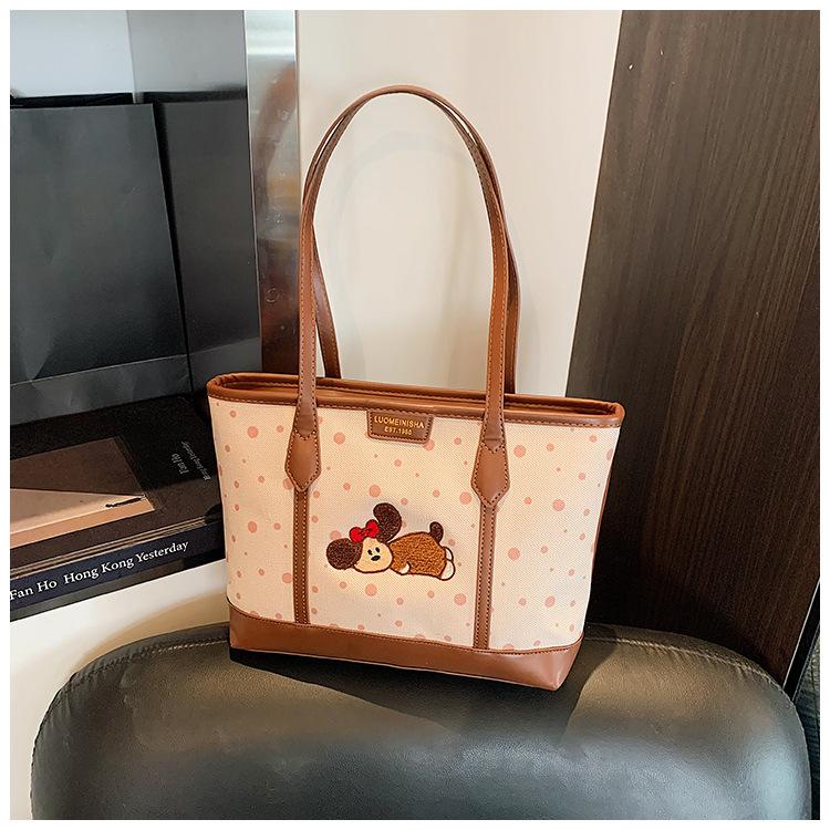 

Вместительная сумка в горошек женская осенне-зимняя универсальная повседневная мультяшная на плечо студенческая сумка-тоут коричневый