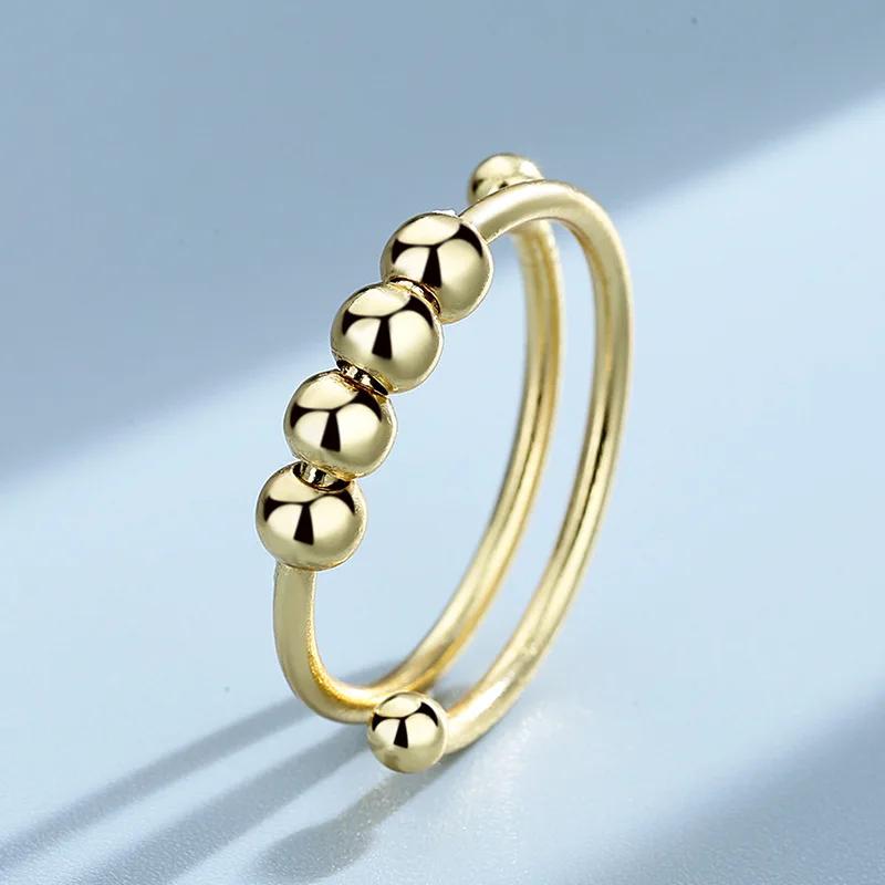 YILUOCD 2024 Rotate Beads Adjustable Anxiety Rings For Women Men Stress Relief Fidget Spinning Ring Copper Jewelry