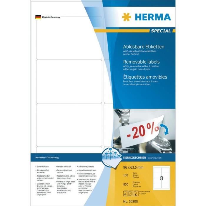 Etiquettes amovibles - herma - 10308 - 800 étiquettes - a4 - repositionnables - blanc