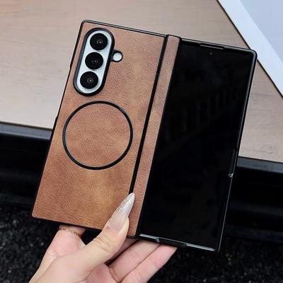 Luxury Leather Magnetic Hinge Phone Case For Samsung Galaxy Fold 7 6 5 4 3 5G Wireless Charge Hard Soft Silicone Bumper Cover