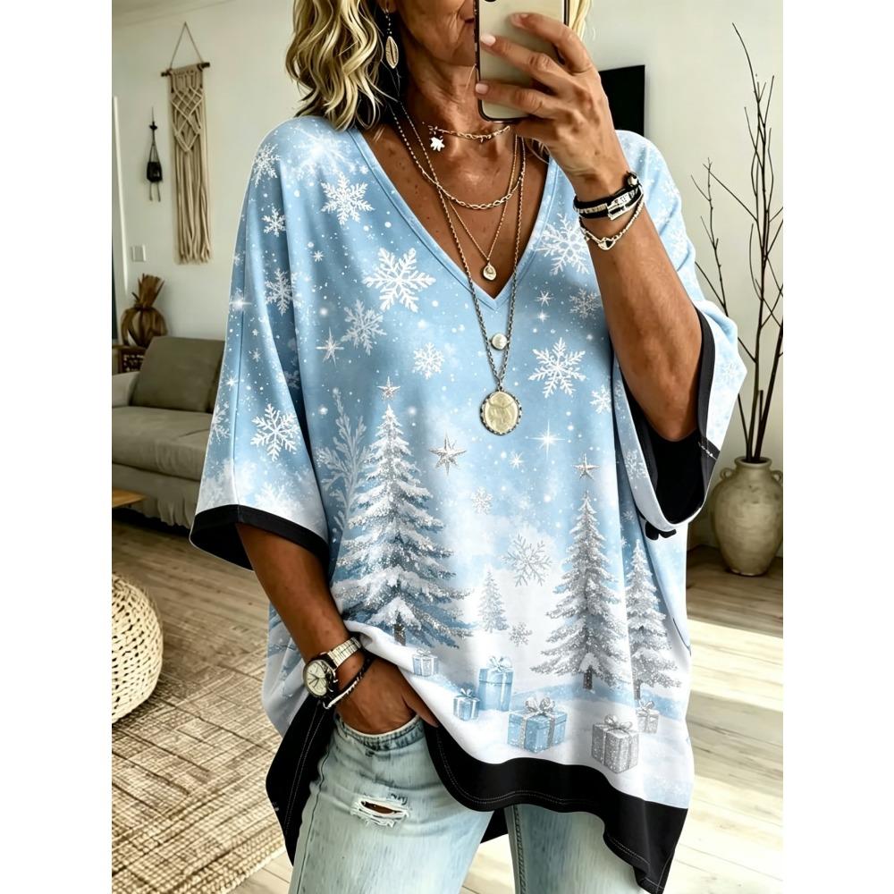 Plus Size Women's Simple Bohemian Pattern Print V-neck Top Three-quarter Sleeves Loose Plus Size Casual Daily T-shirt