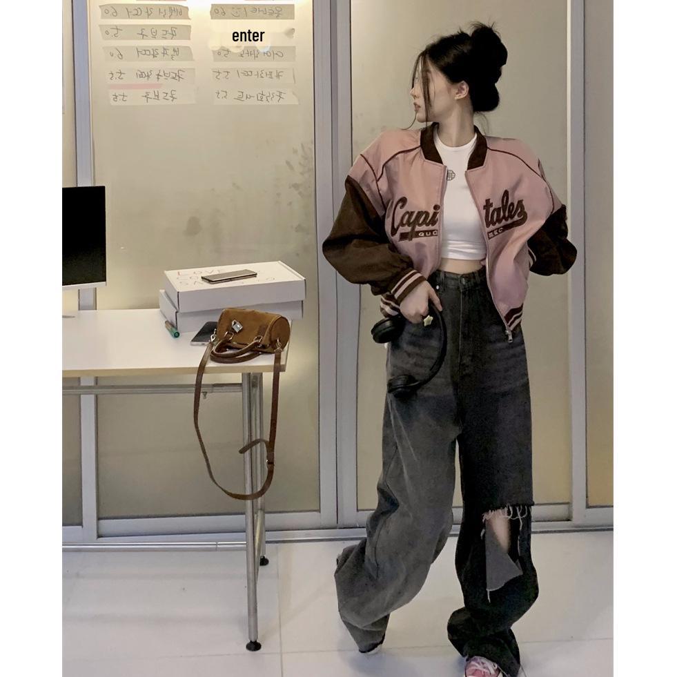 2024 Spring/Autumn Women's Casual Letter Print Patchwork Baseball Jacket with Stand Collar
