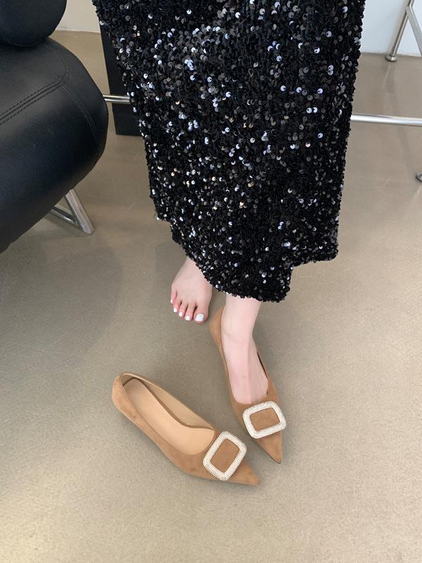 Square Buckle Rhinestone Pointed High Heels Spring and Autumn High-end Sense Elegant Suede Thin Heel Light Mouth Single Shoes Professional Women's
